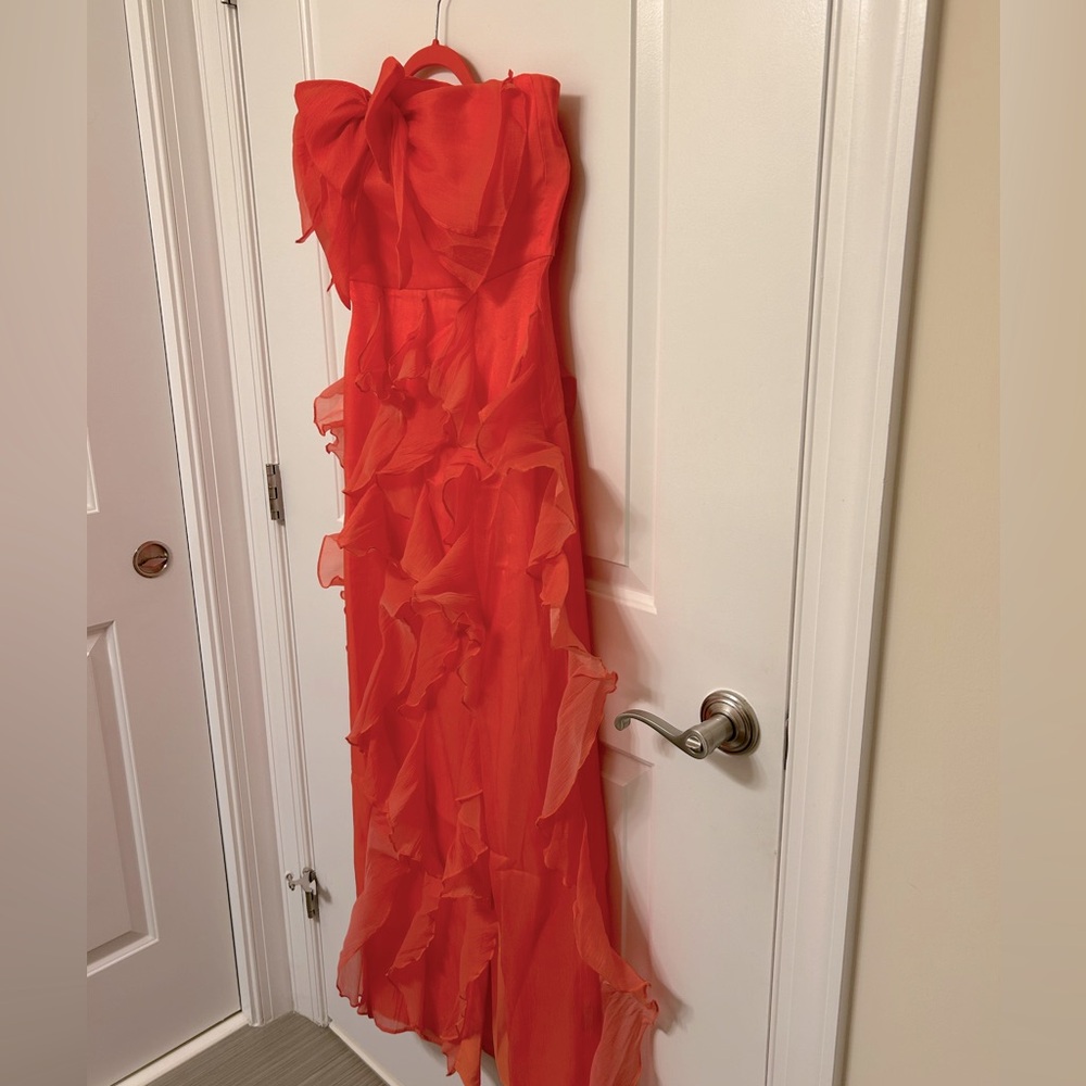 NWT Hutch Jeanetta Gown, Coral, Size 8, Ruffled, Strapless, Lined, Side Slit.